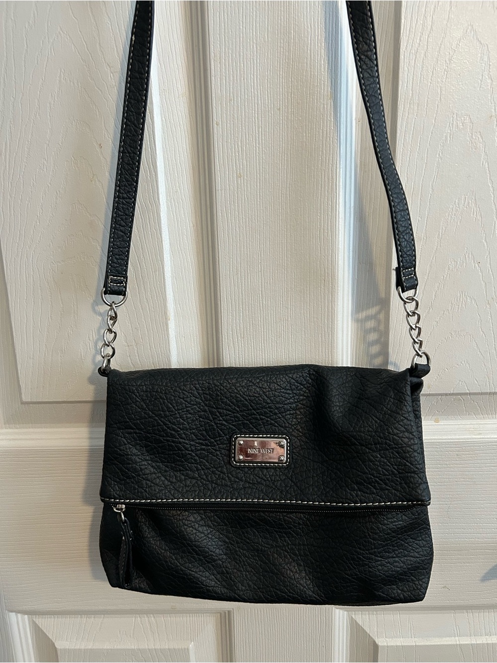Nine West Black Foldover Crossbody Bag | Pebbled Faux Leather Y2K
